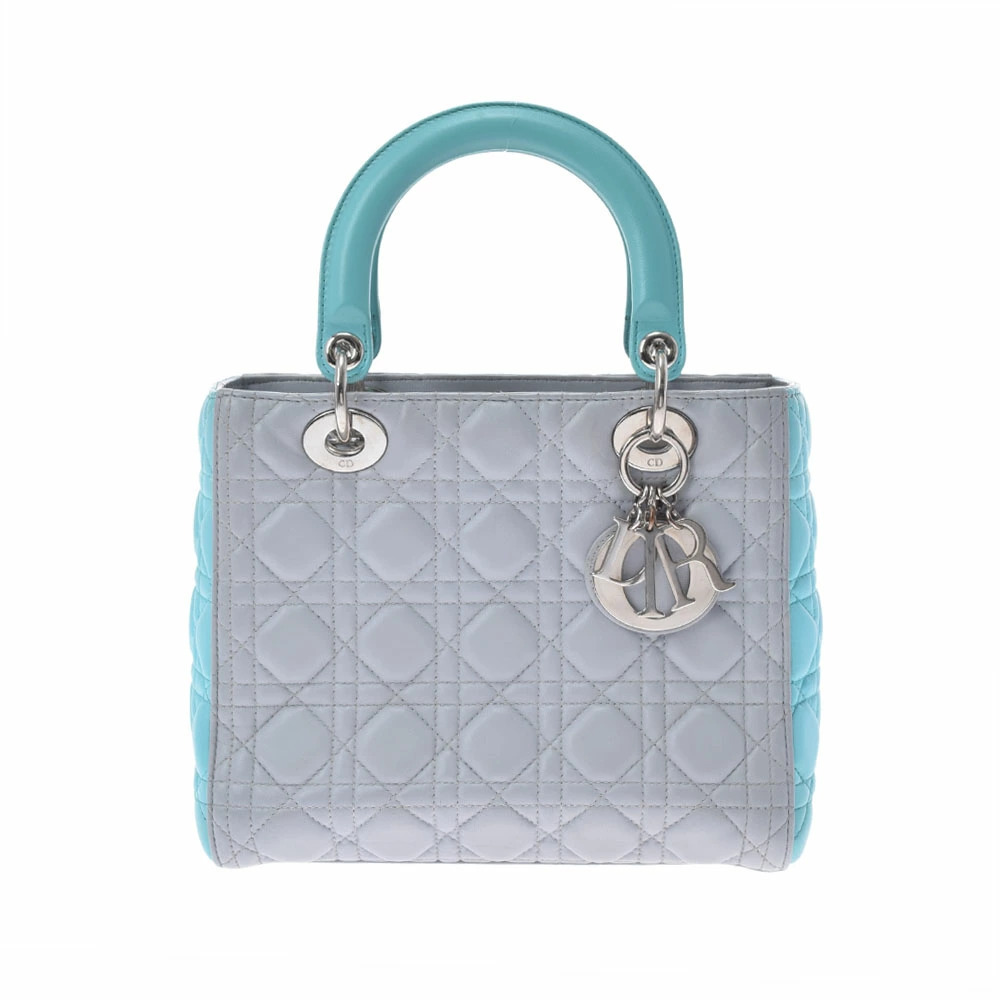CHRISTIAN DIOR Lady Cannage Handbag Gray Blue Calfskin